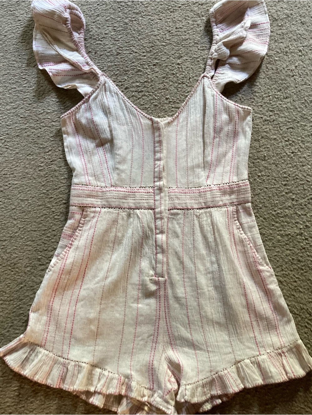 LoveShackFancy Cream & Pink Embroidered Striped Ruffle One Piece Romper NWT Sz 4